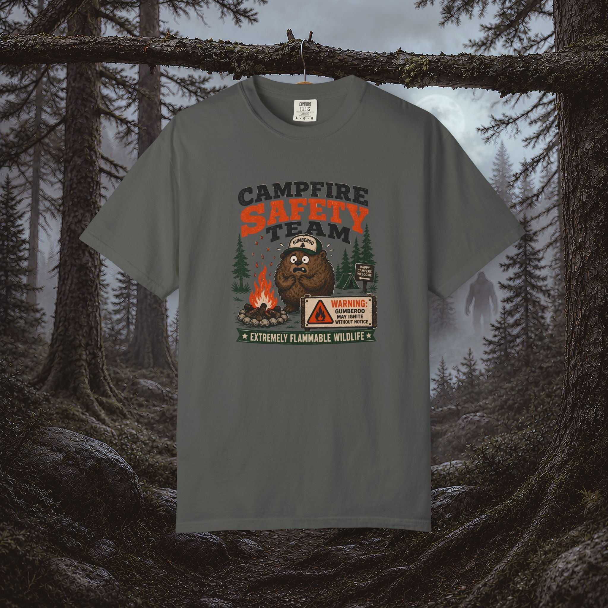 Gumberoo Campfire Safety Tee — Bear Cryptid Patch Graphic