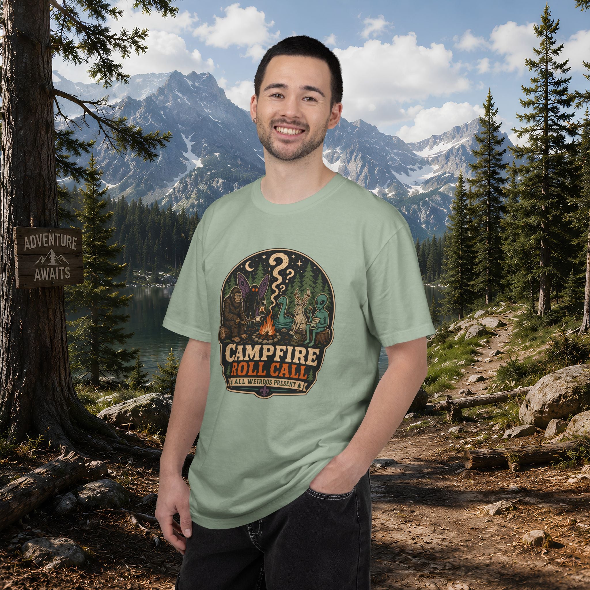 Campfire Cryptid Roll Call T-Shirt — Vintage Camping Patch Graphic