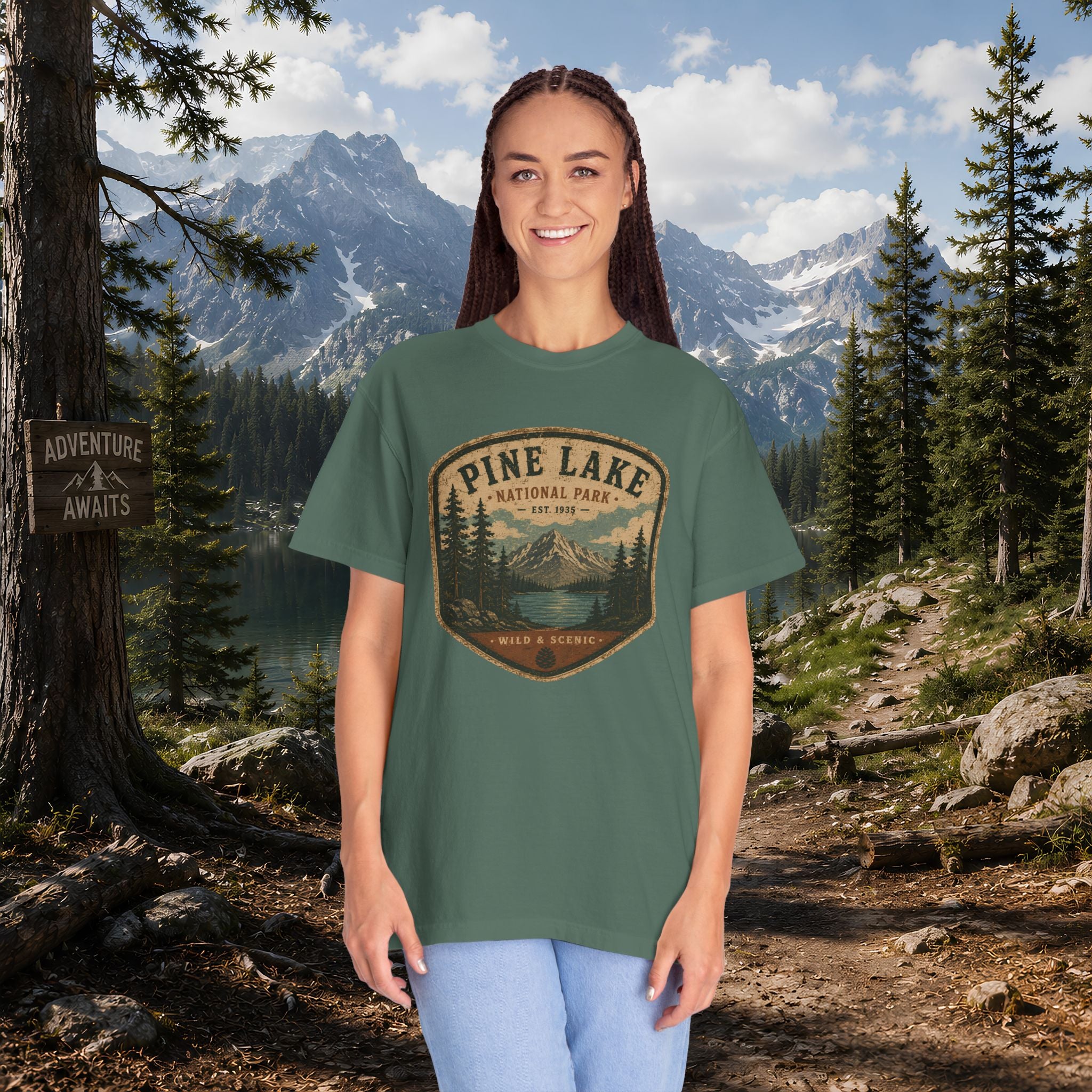 Pine Lake National Park Badge T-Shirt | Mountain Lake Forest Graphic