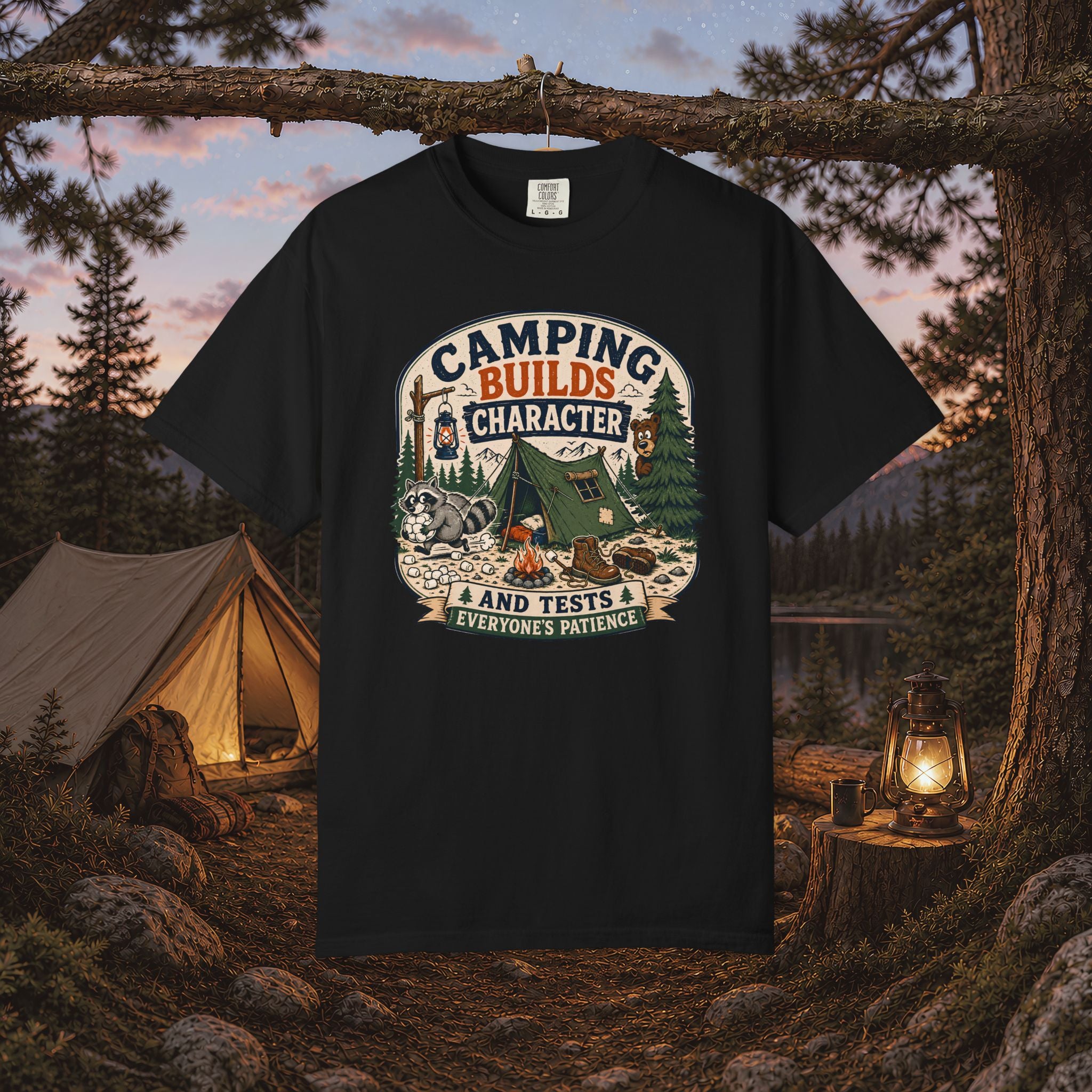 Camping Builds Character T-Shirt — Vintage Tent, Forest & Campfire Outdoor Tee