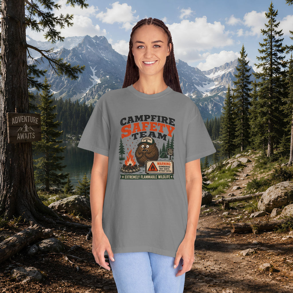 Gumberoo Campfire Safety Tee — Bear Cryptid Patch Graphic