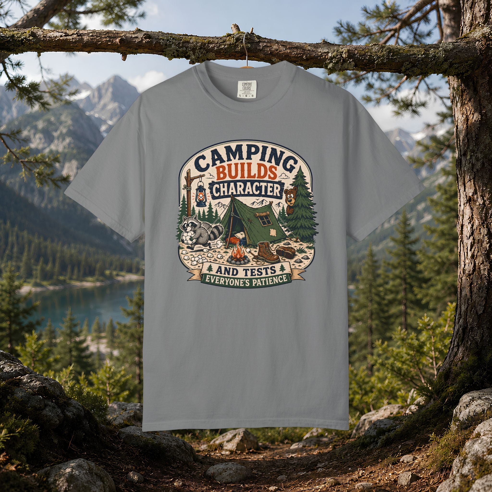 Camping Builds Character T-Shirt — Vintage Tent, Forest & Campfire Outdoor Tee