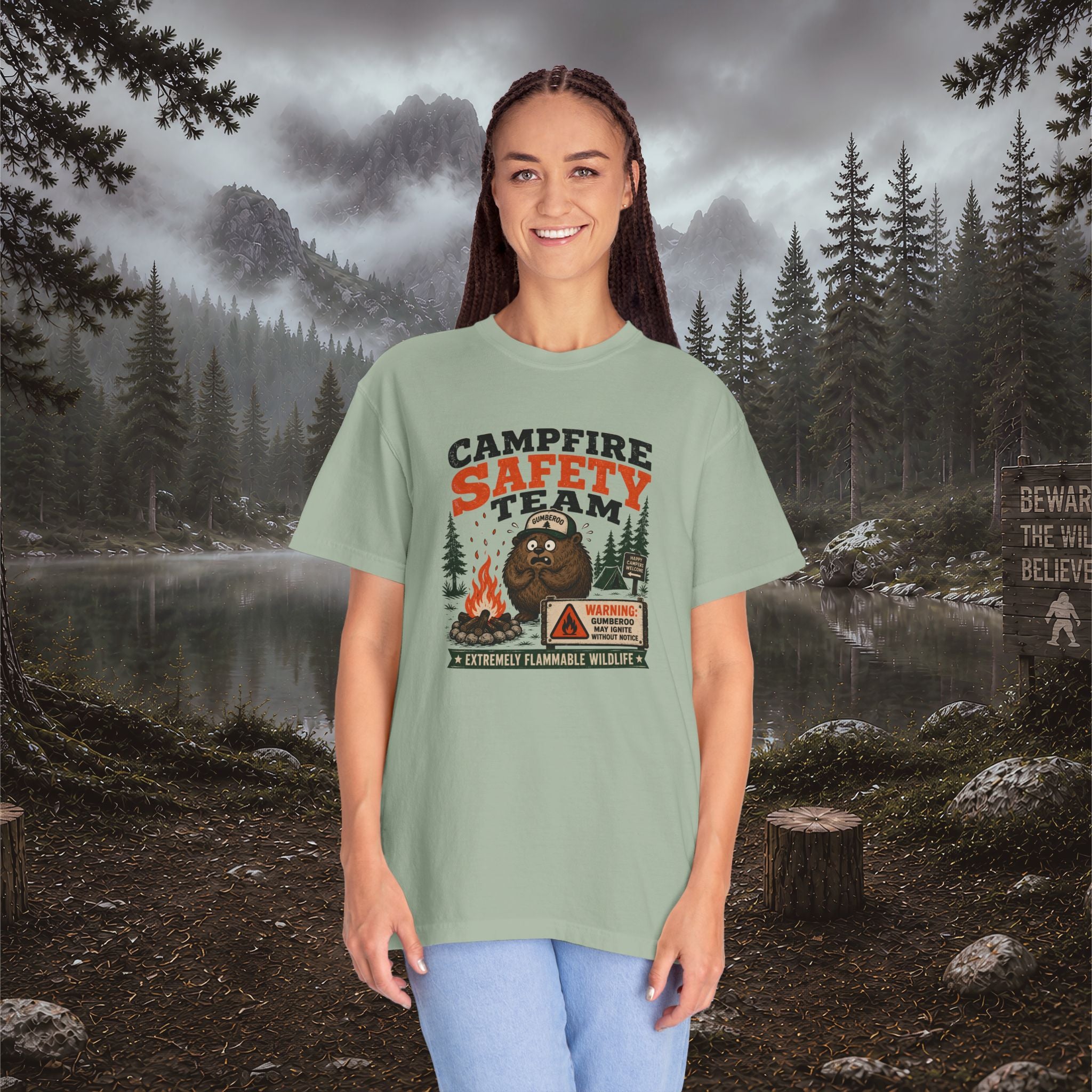 Gumberoo Campfire Safety Tee — Bear Cryptid Patch Graphic