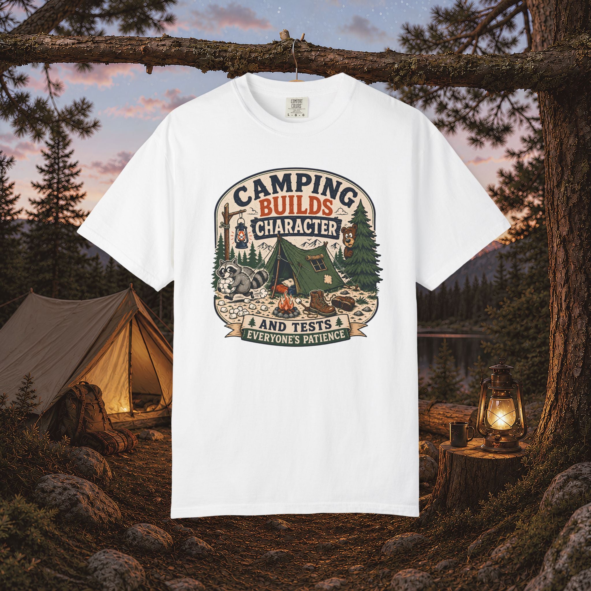 Camping Builds Character T-Shirt — Vintage Tent, Forest & Campfire Outdoor Tee