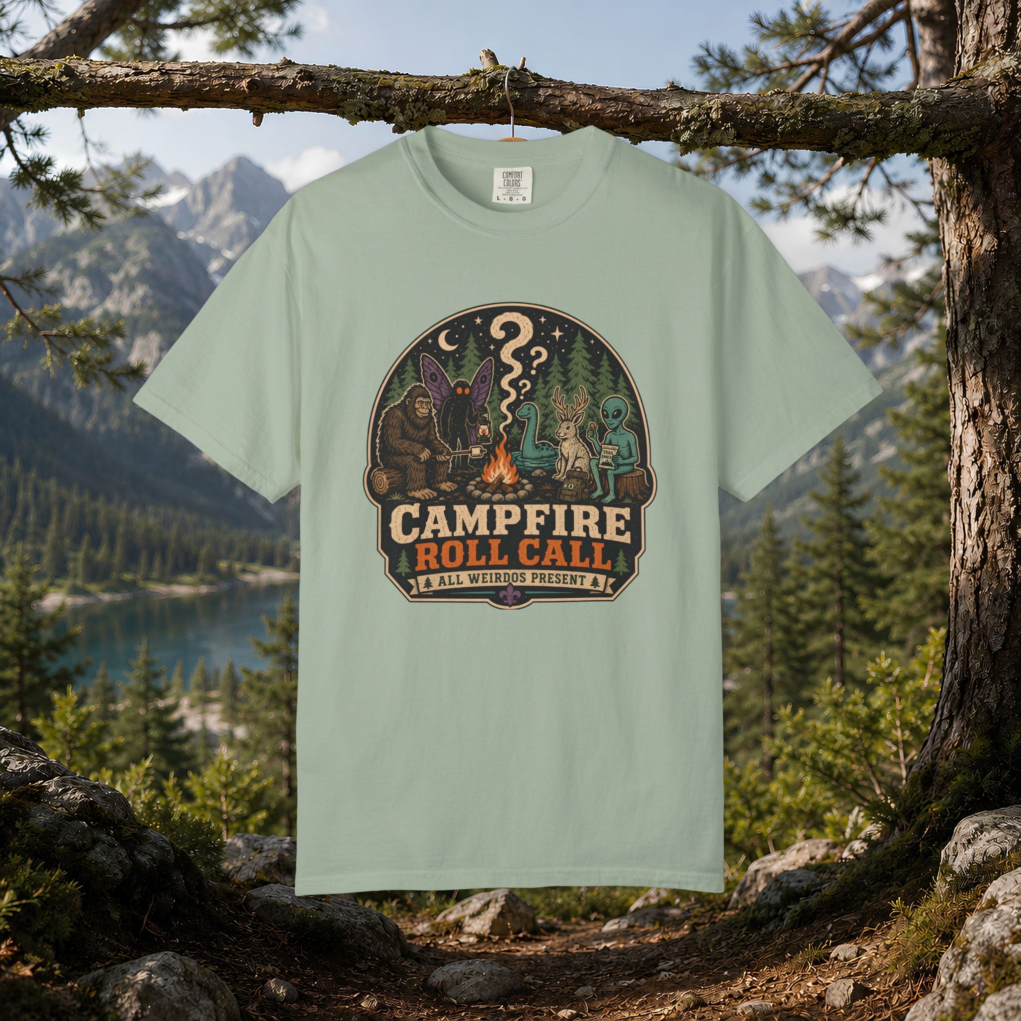 Campfire Cryptid Roll Call T-Shirt — Vintage Camping Patch Graphic