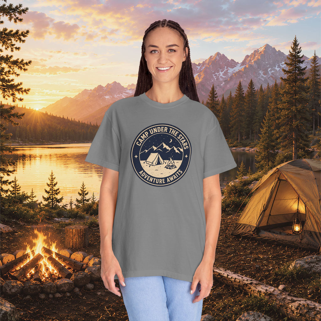 Mountain Camping Circle Art T-shirt | Tent Campfire Outdoors Tee