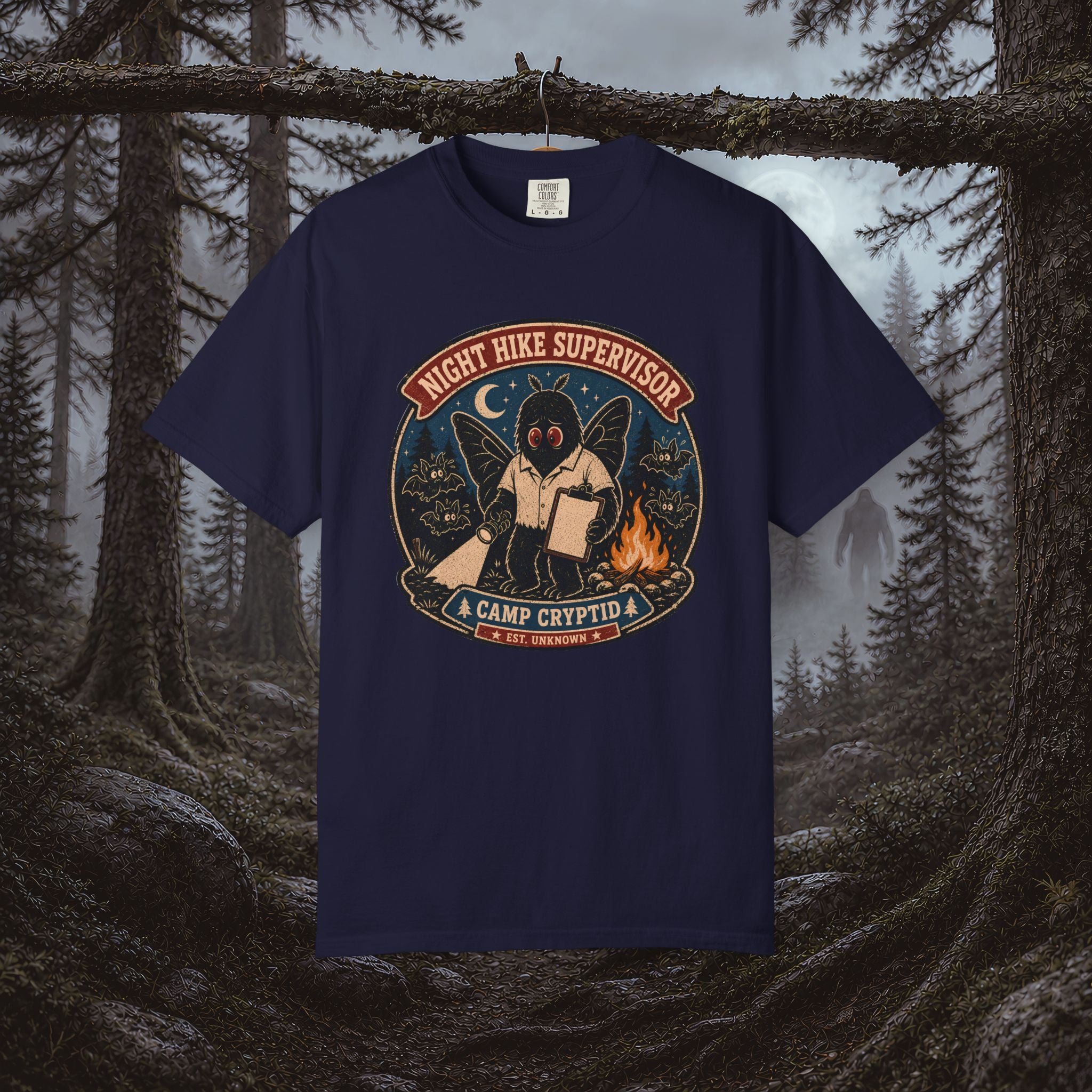 Night Hike Supervisor Mothman T‑Shirt — Camp Cryptid Retro Outdoor Badge