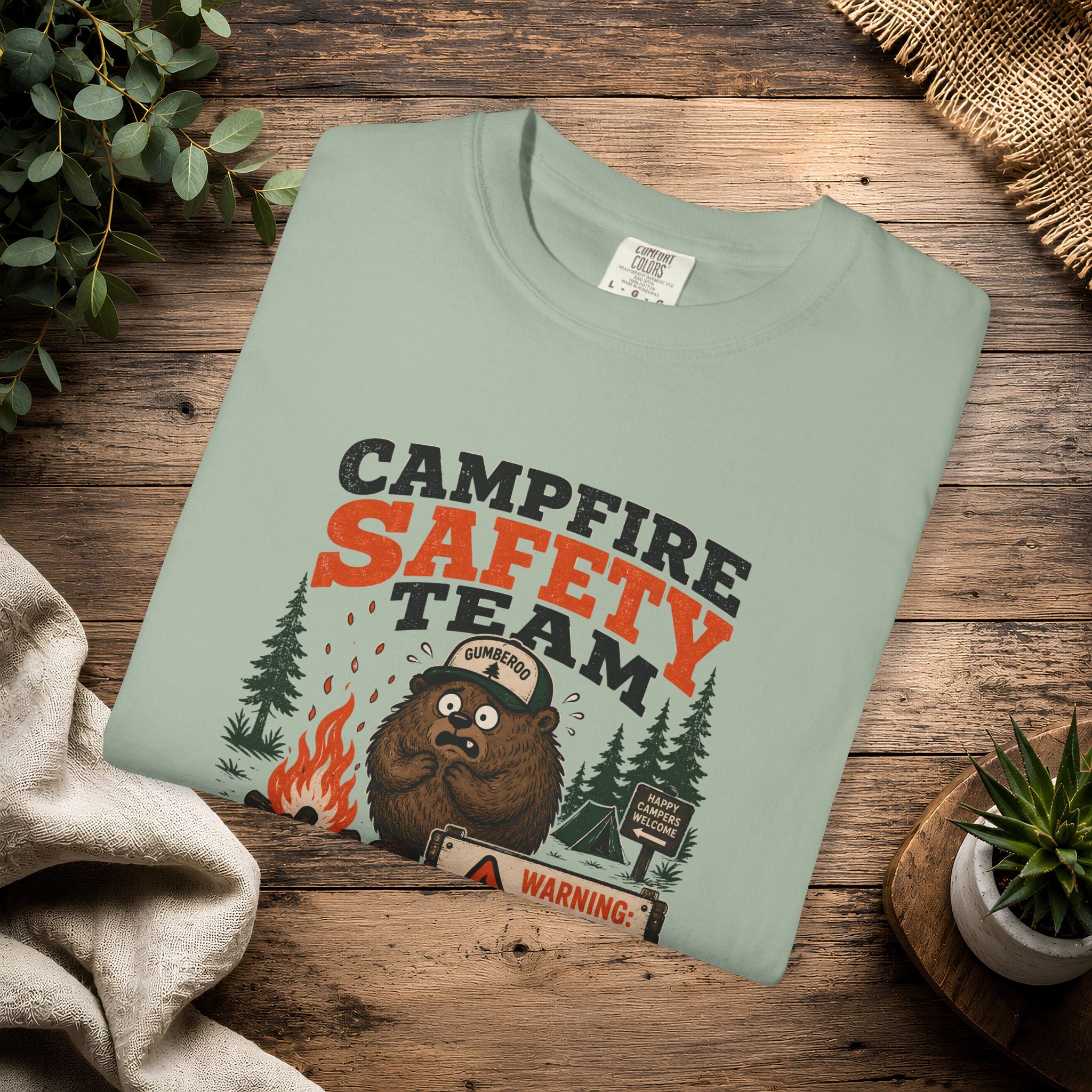Gumberoo Campfire Safety Tee — Bear Cryptid Patch Graphic