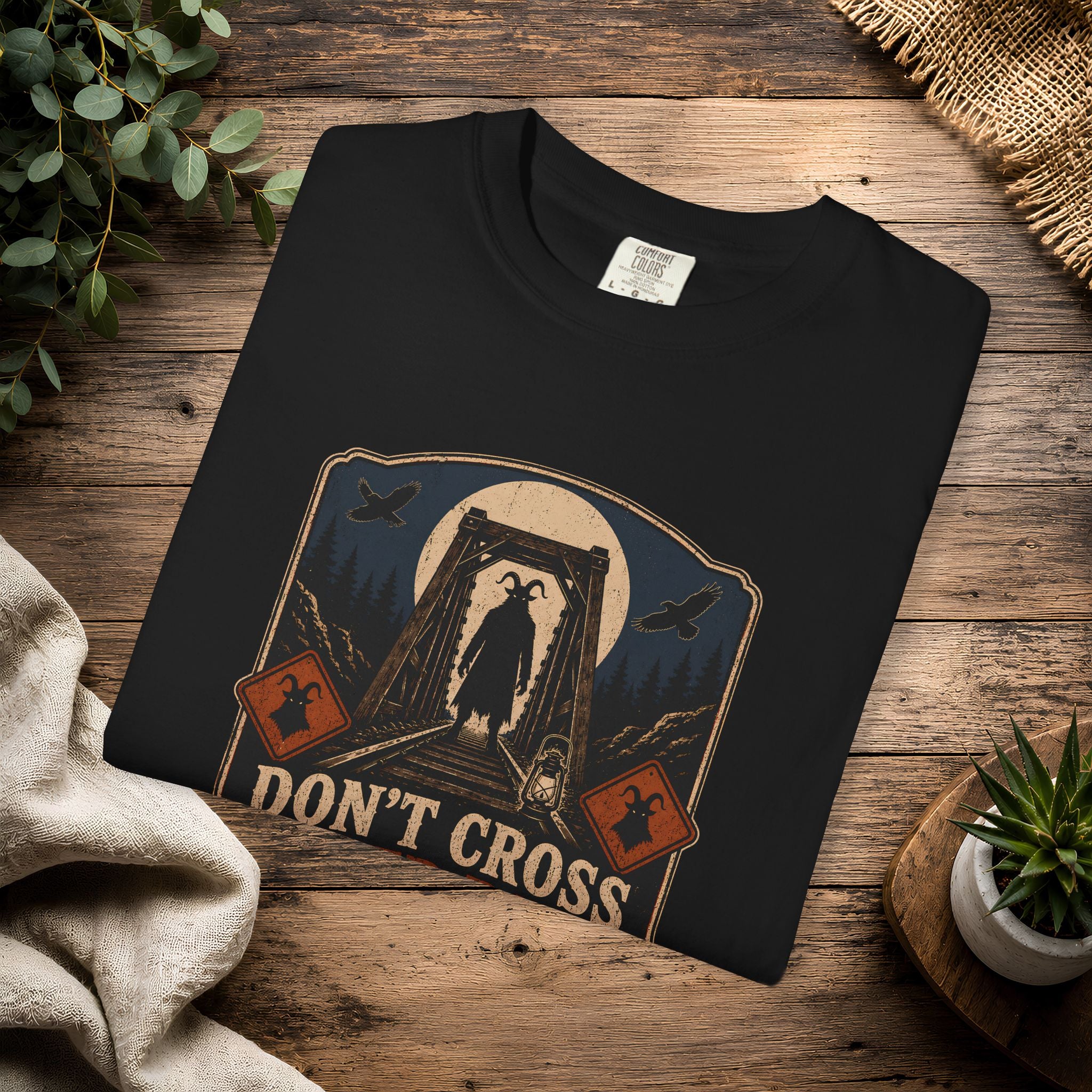 Goatman Adventure Tee — "Don’t Cross After Dark" Cryptid Graphic T-Shirt