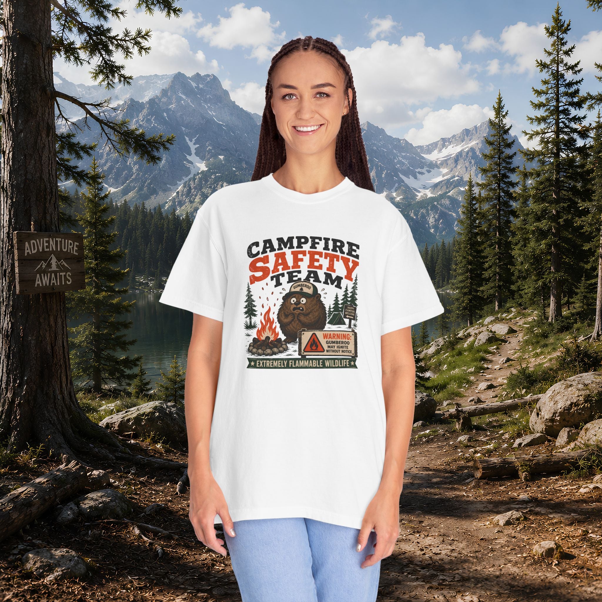 Gumberoo Campfire Safety Tee — Bear Cryptid Patch Graphic