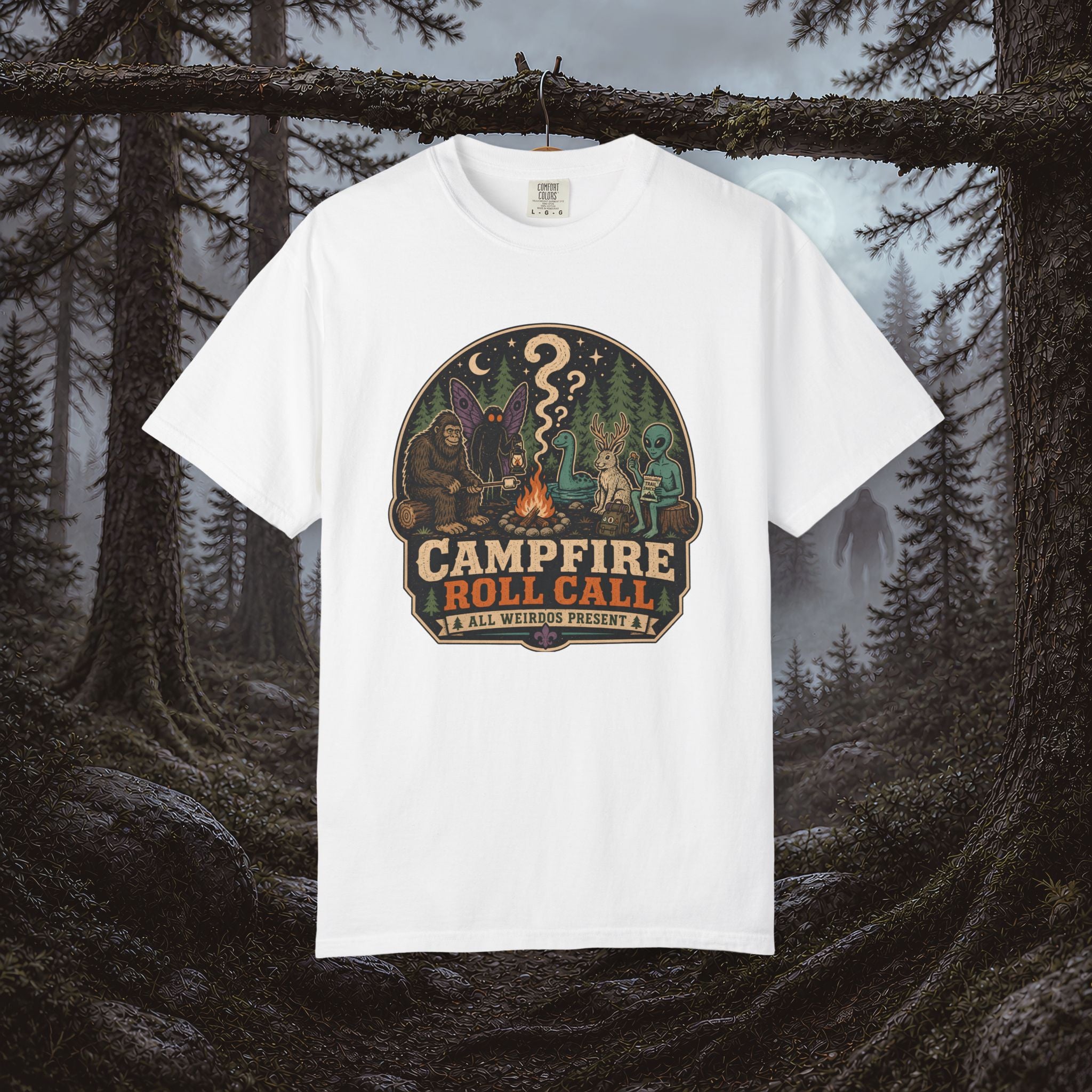 Campfire Cryptid Roll Call T-Shirt — Vintage Camping Patch Graphic