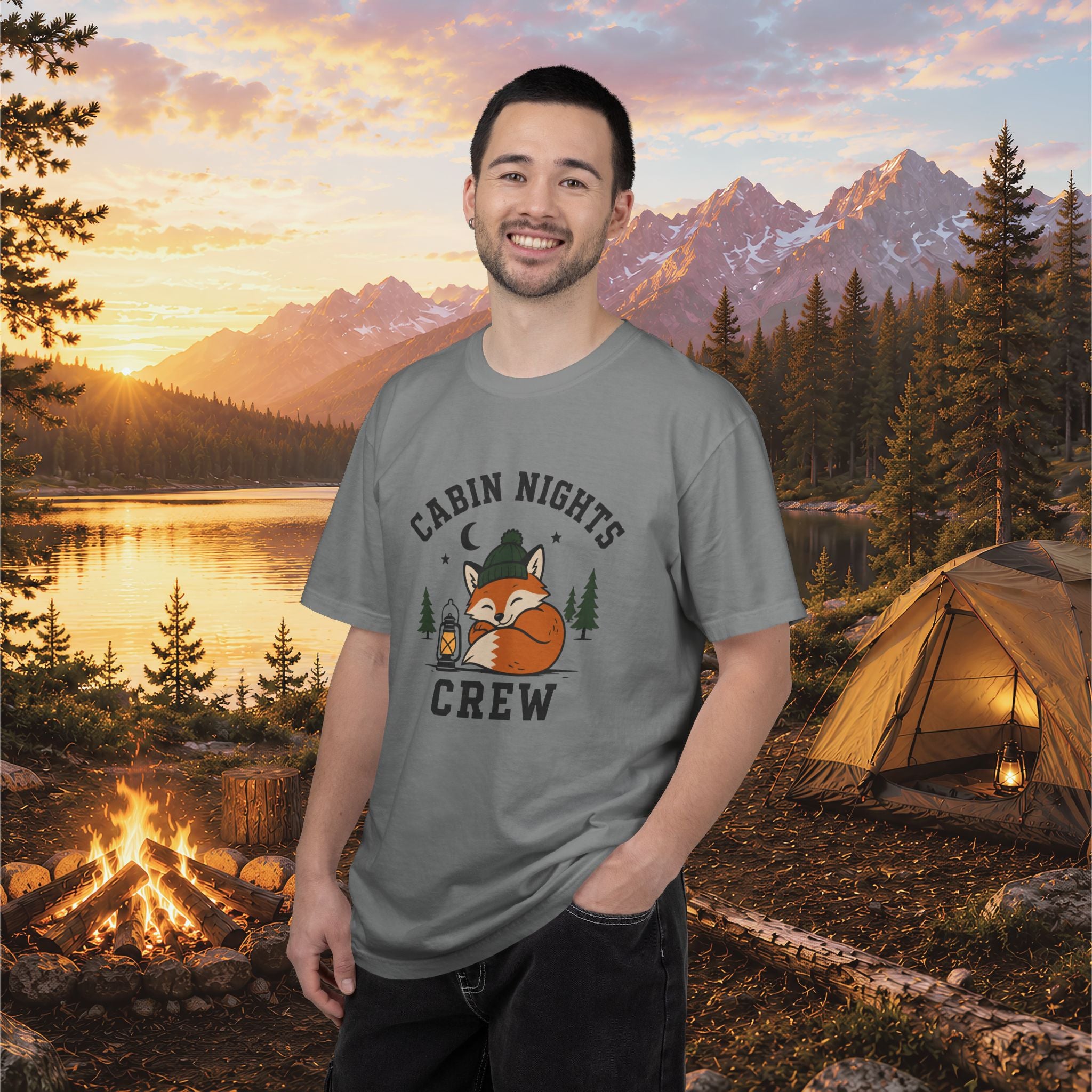 Cabin Nights Crew T-Shirt — Cozy Fox Camping Tee