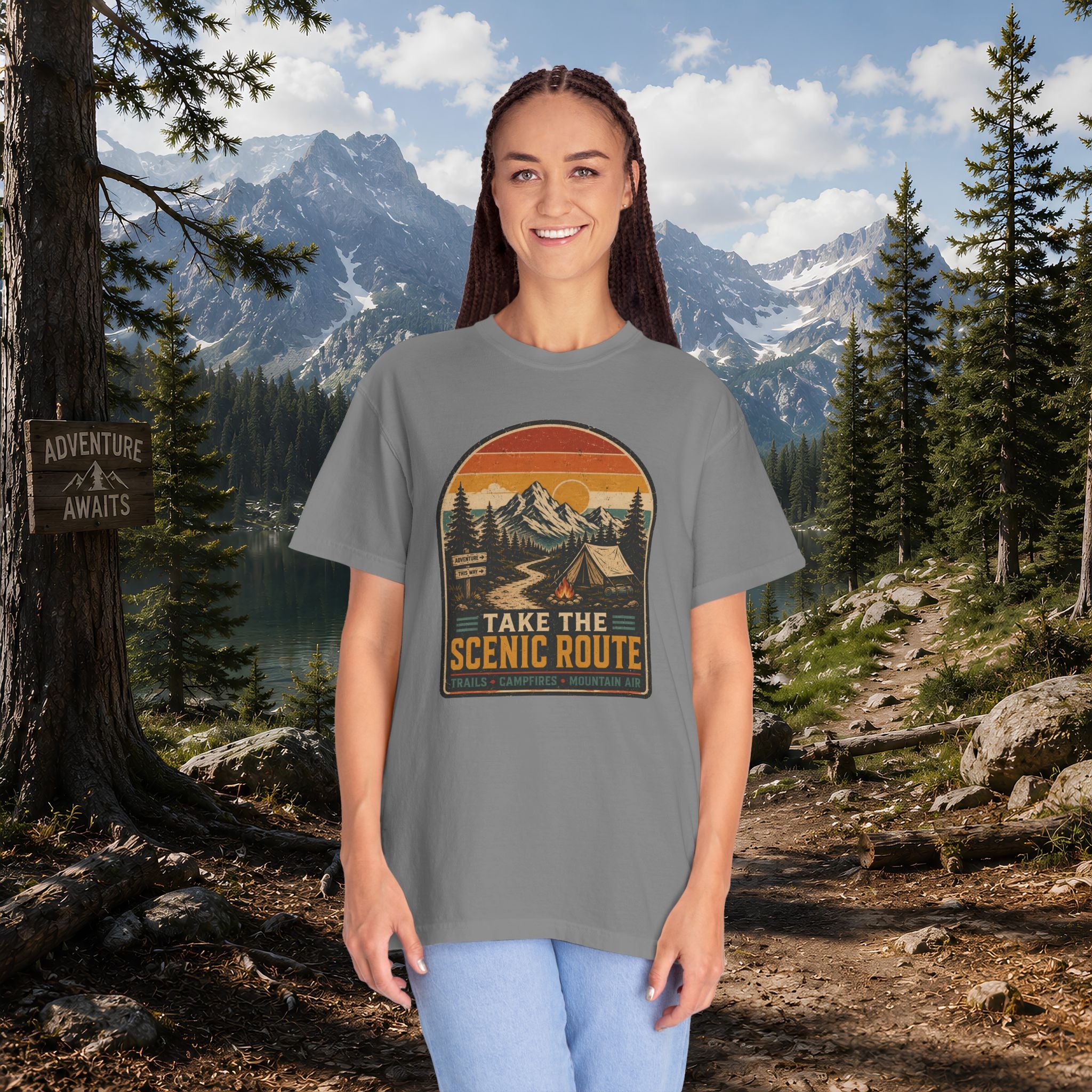 Scenic Route Camping T-Shirt — Retro Mountains & Tent Outdoor Tee