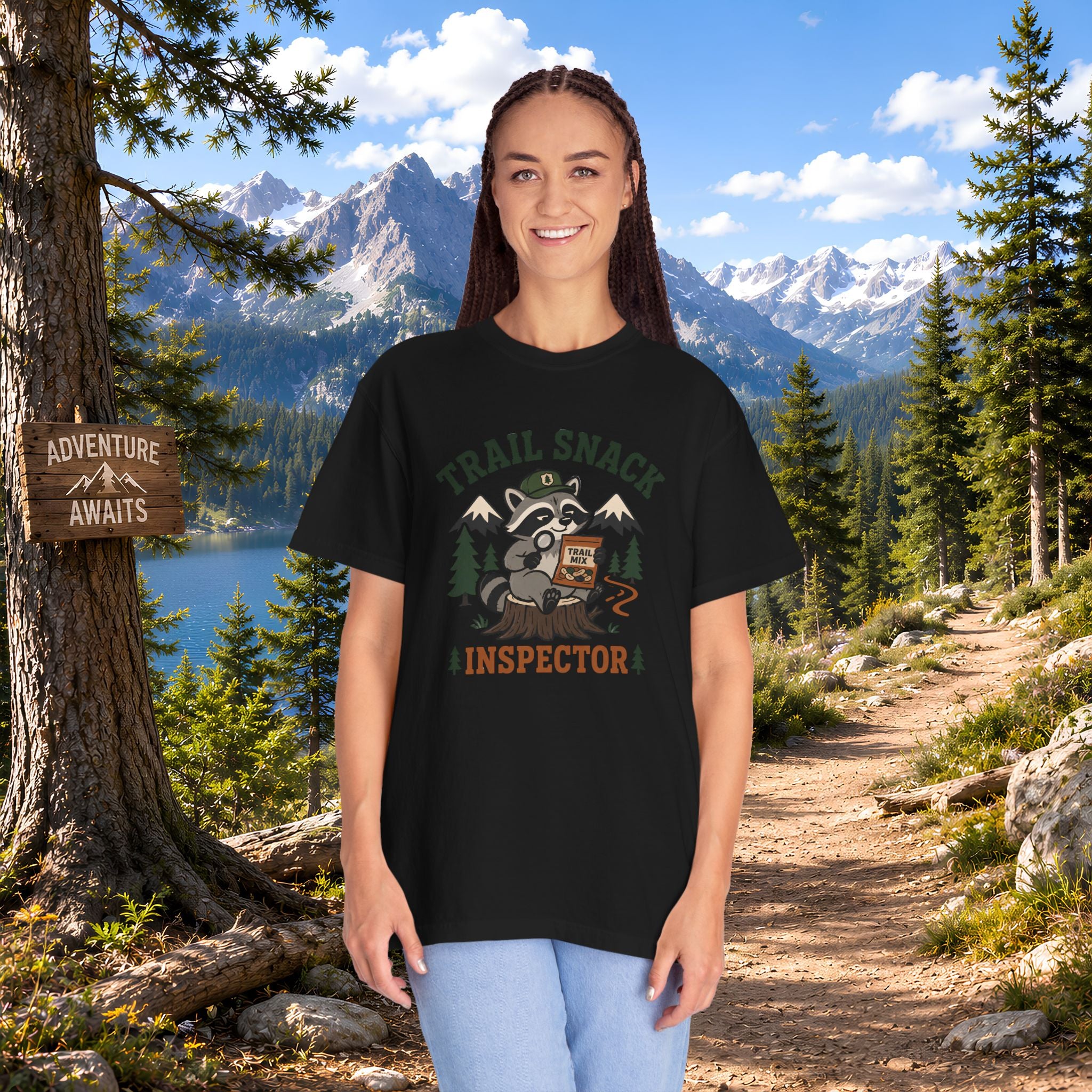 Trail Snack Inspector T-Shirt — Cute Raccoon Hiking Graphic Tee for Outdoor Lovers