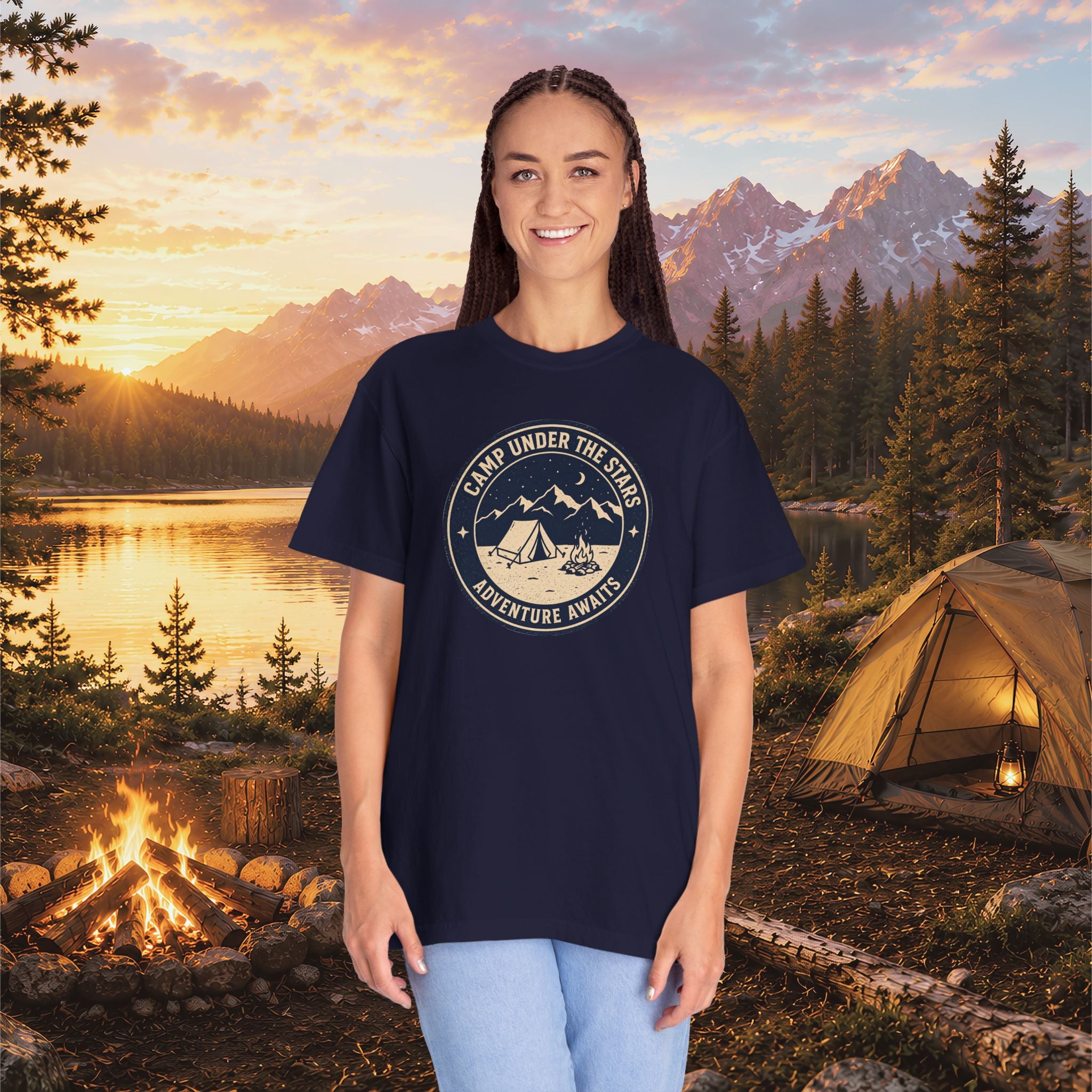 Mountain Camping Circle Art T-shirt | Tent Campfire Outdoors Tee