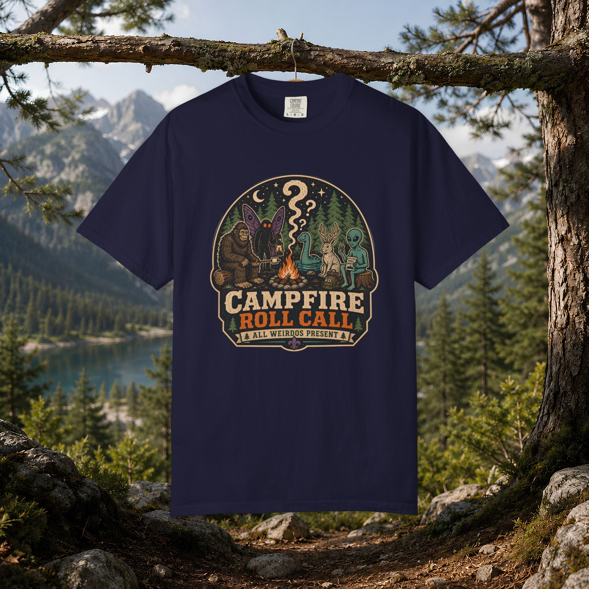 Campfire Cryptid Roll Call T-Shirt — Vintage Camping Patch Graphic