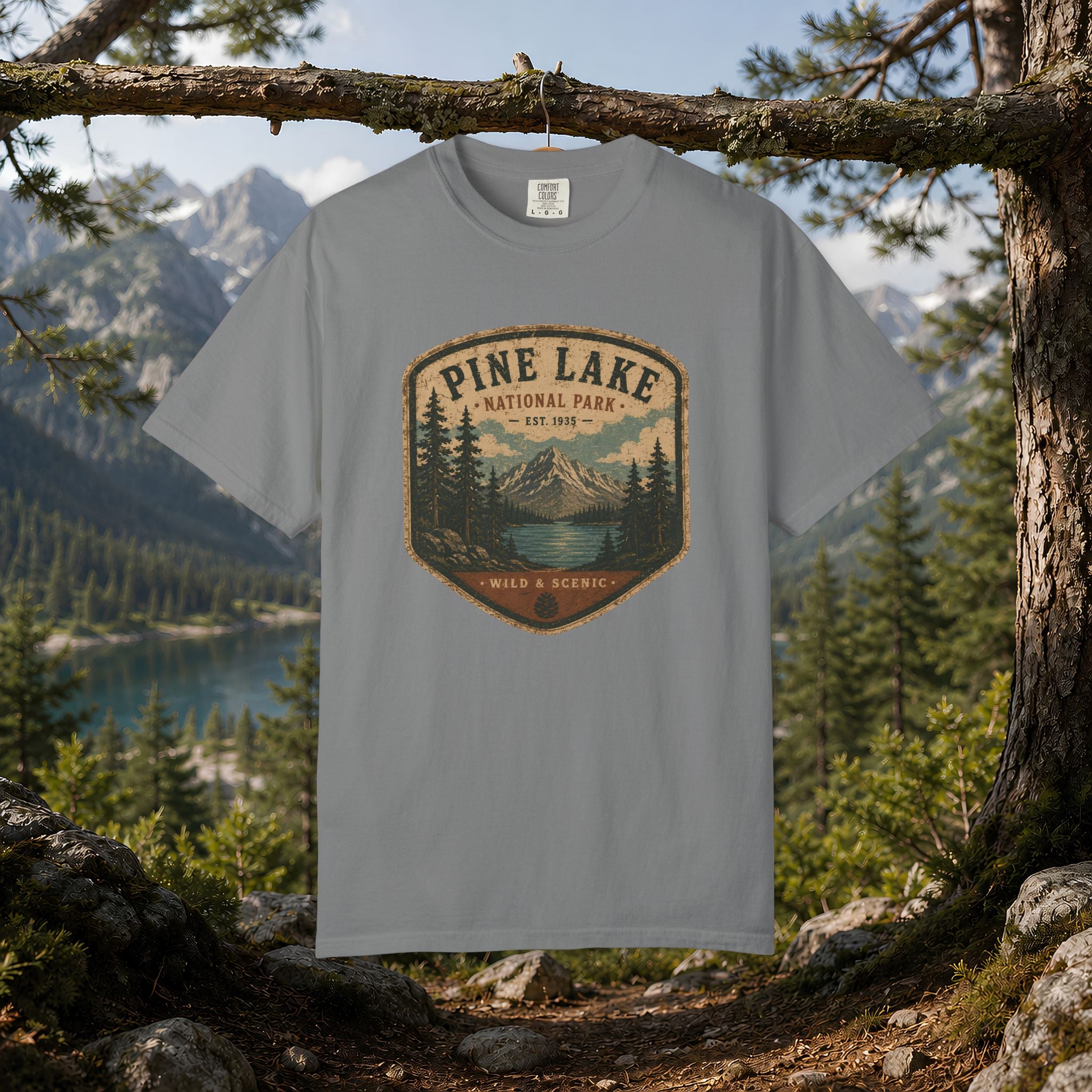 Pine Lake National Park Badge T-Shirt | Mountain Lake Forest Graphic