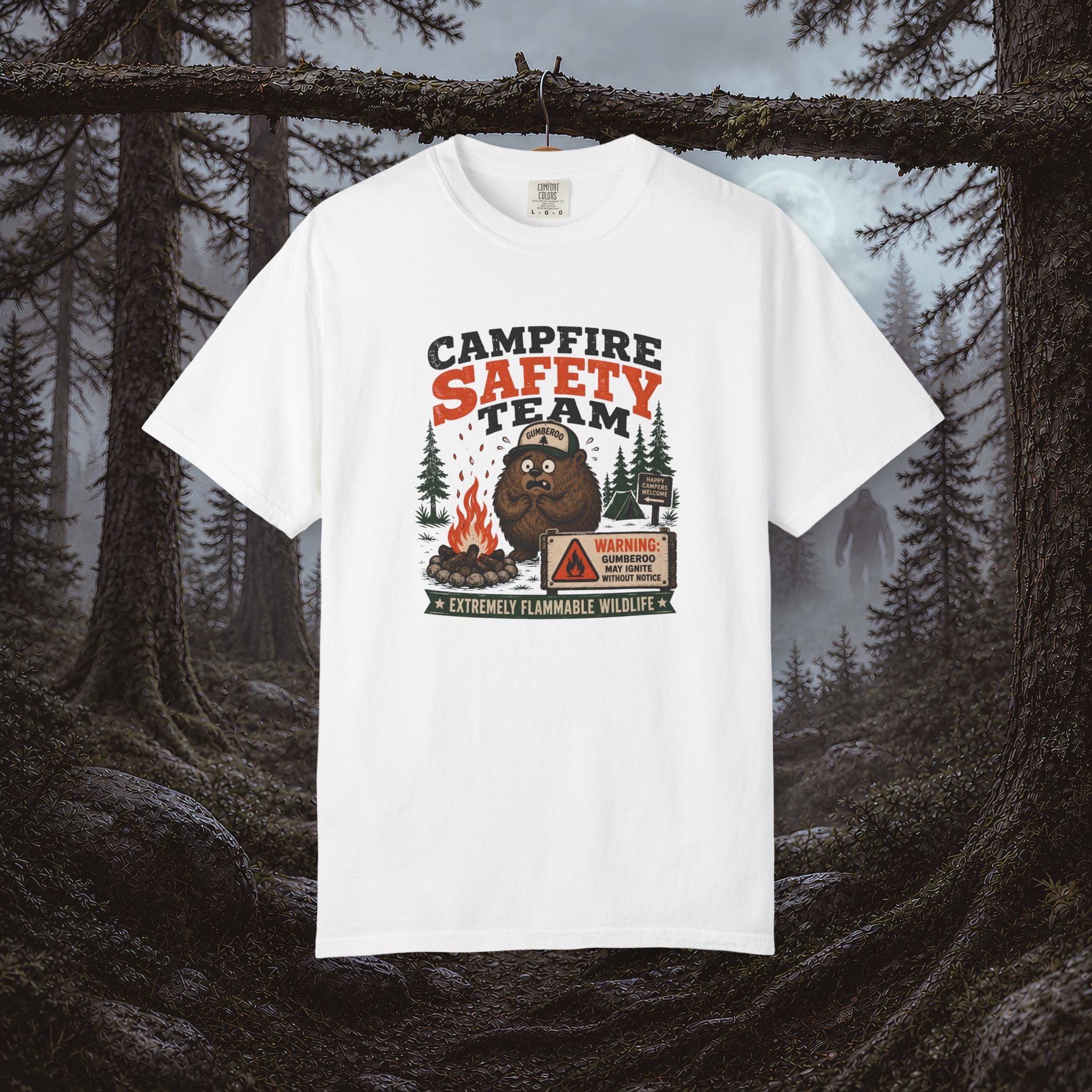 Gumberoo Campfire Safety Tee — Bear Cryptid Patch Graphic