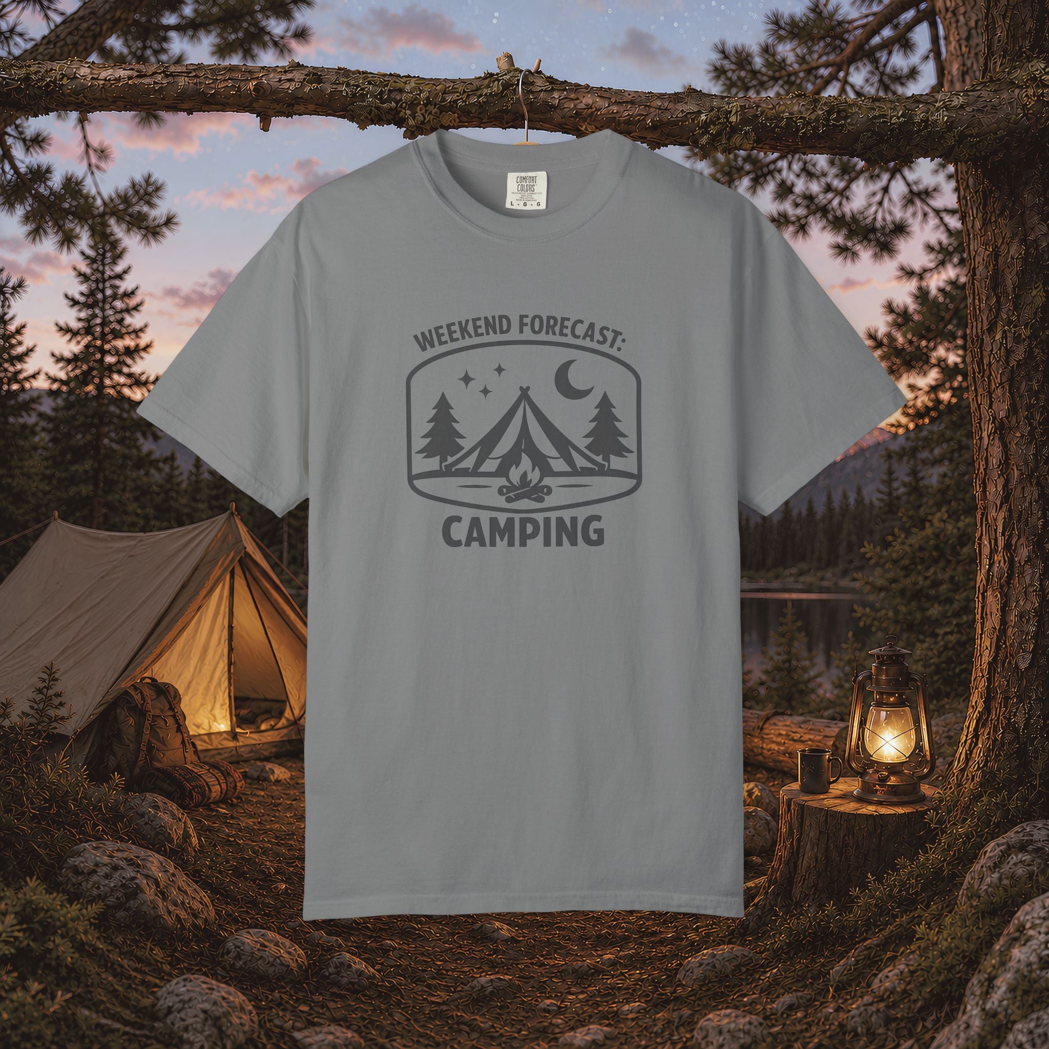 Camping T-Shirt — "Weekend Forecast: Camping" Outdoor Adventure Tee