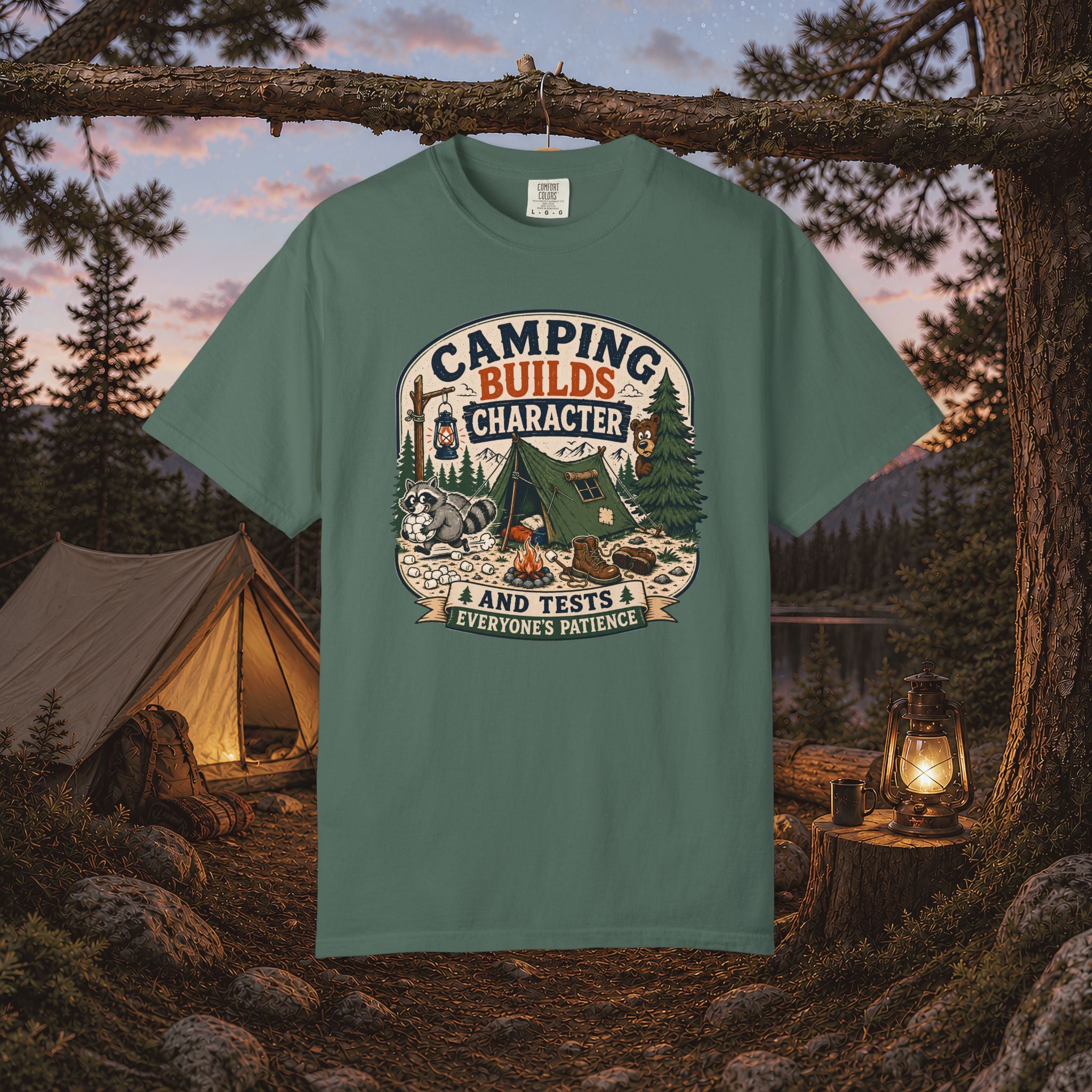 Camping Builds Character T-Shirt — Vintage Tent, Forest & Campfire Outdoor Tee