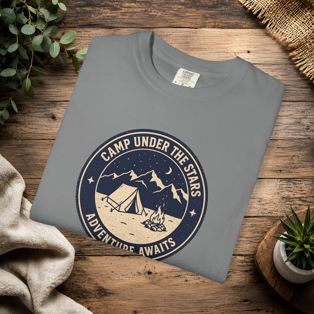 Mountain Camping Circle Art T-shirt | Tent Campfire Outdoors Tee