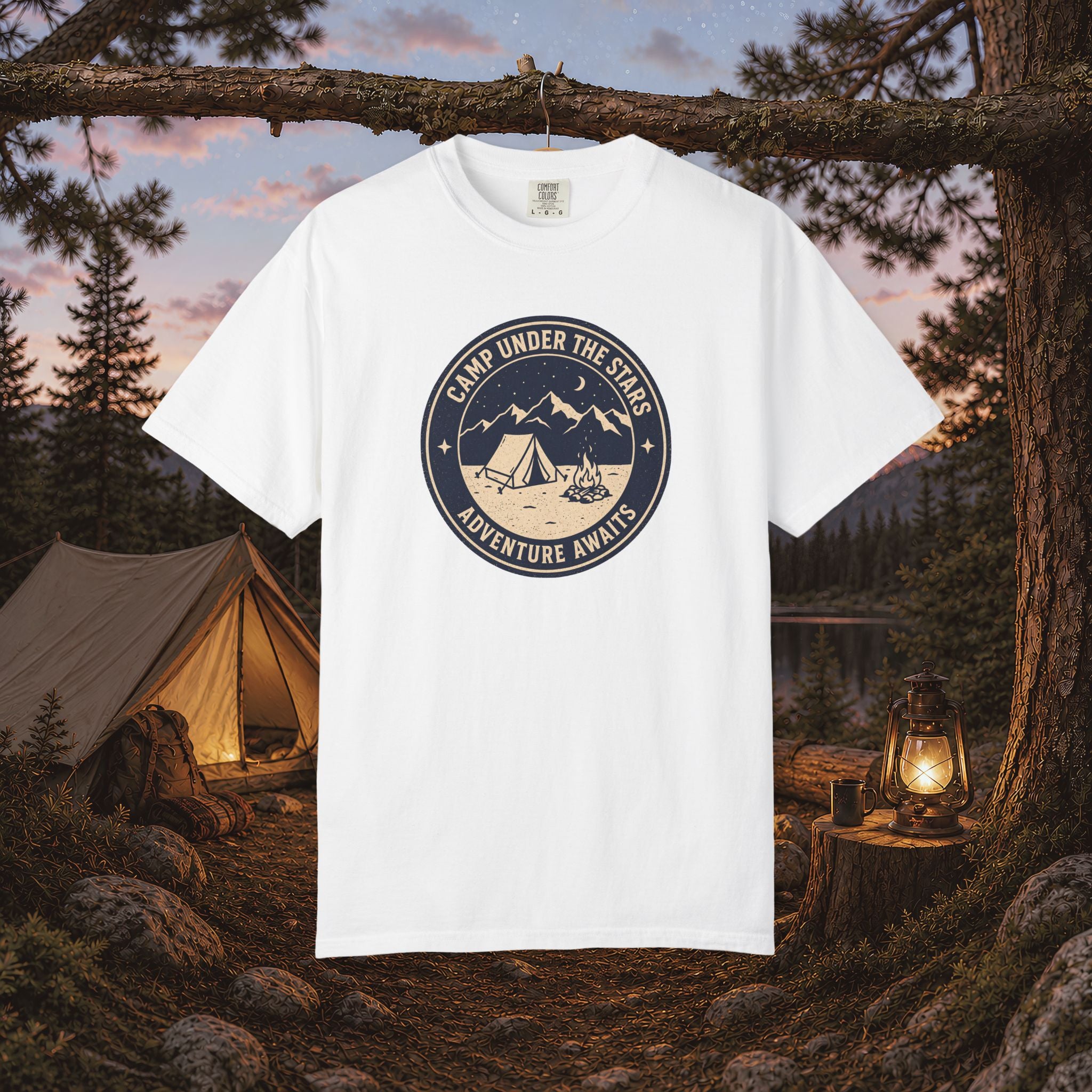 Mountain Camping Circle Art T-shirt | Tent Campfire Outdoors Tee