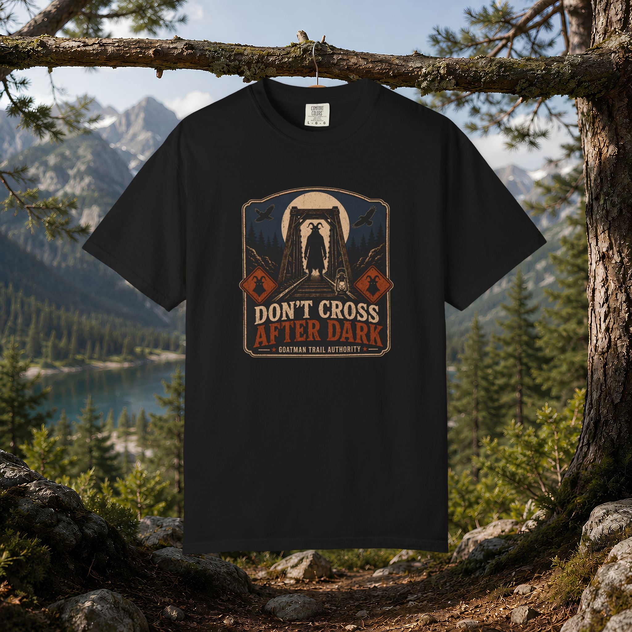 Goatman Adventure Tee — "Don’t Cross After Dark" Cryptid Graphic T-Shirt