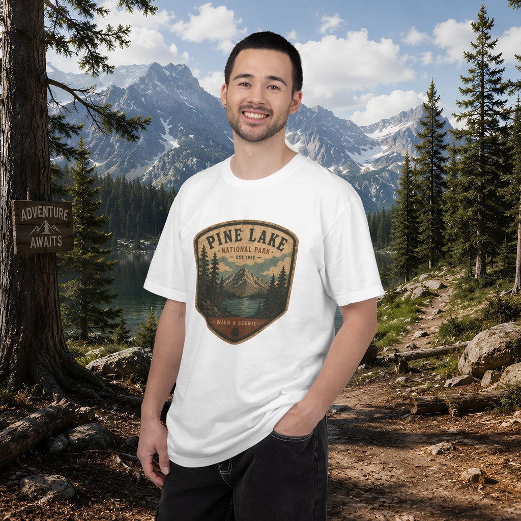 Pine Lake National Park Badge T-Shirt | Mountain Lake Forest Graphic