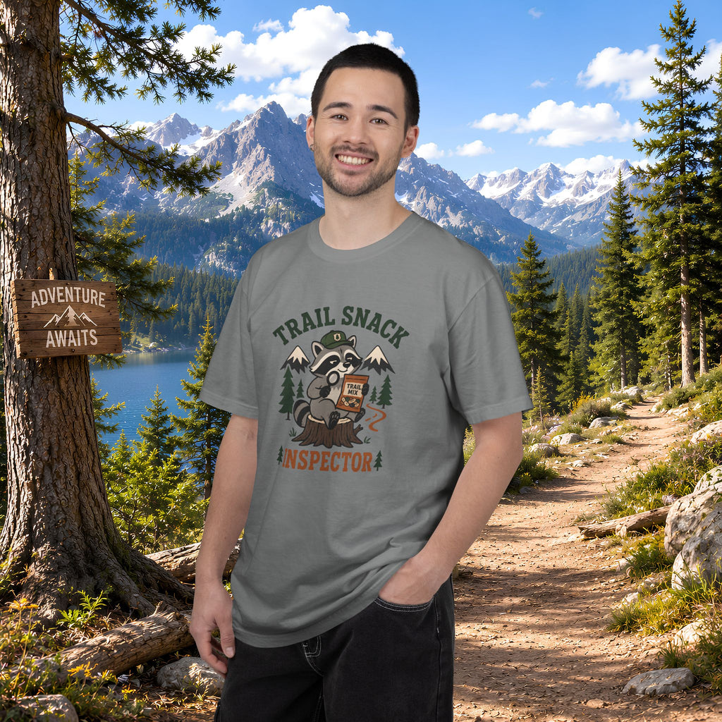 Trail Snack Inspector T-Shirt — Cute Raccoon Hiking Graphic Tee for Outdoor Lovers