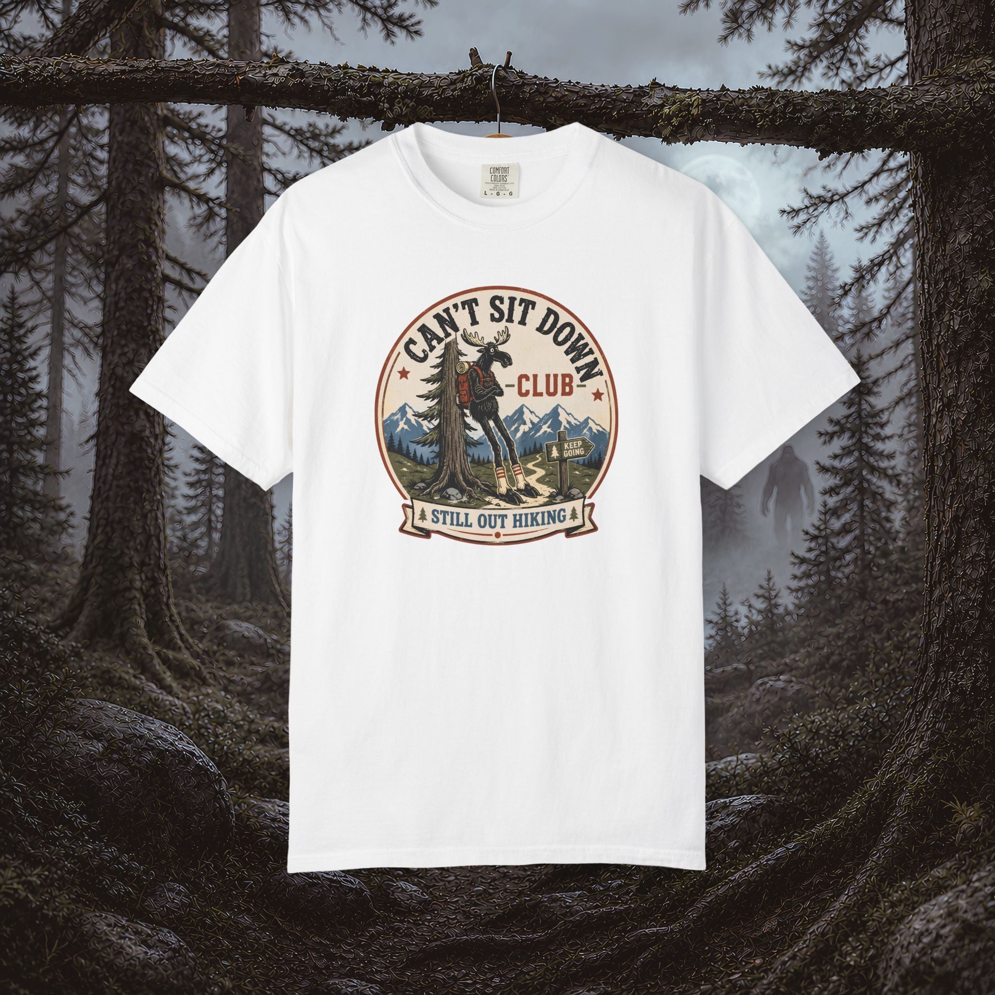 Hugag Hiking Tee — "Can't Sit Down Club" Vintage Mountain Cryptid Shirt