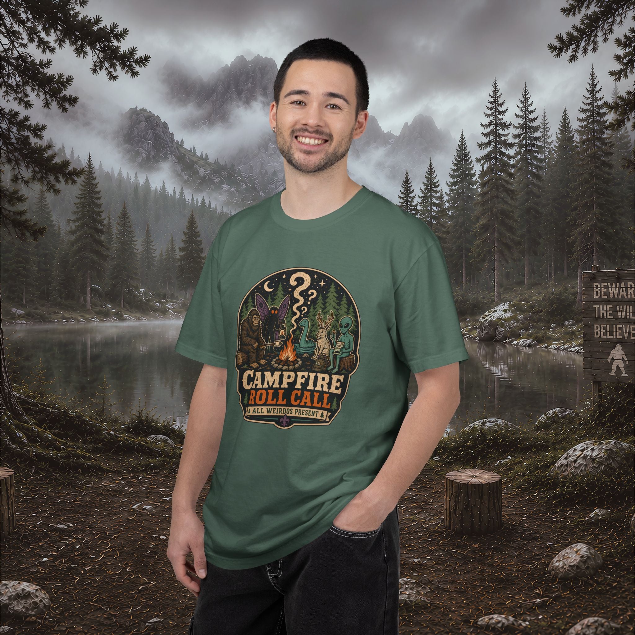 Campfire Cryptid Roll Call T-Shirt — Vintage Camping Patch Graphic