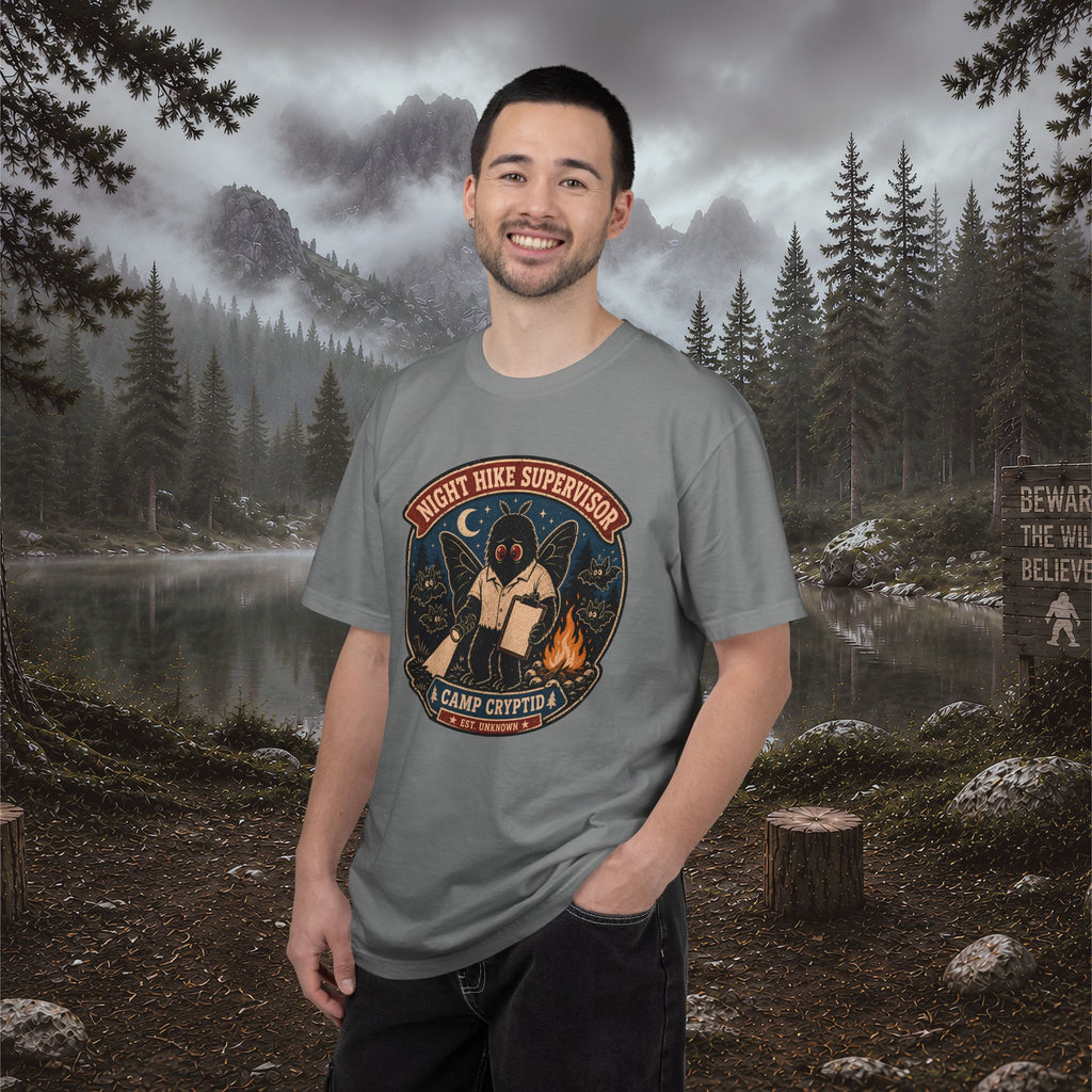 Night Hike Supervisor Mothman T‑Shirt — Camp Cryptid Retro Outdoor Badge
