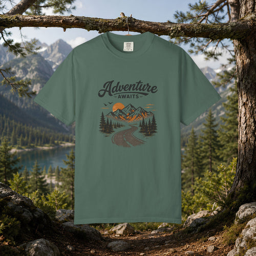 Adventure Awaits T-Shirt — Scenic Mountain Road Graphic Tee