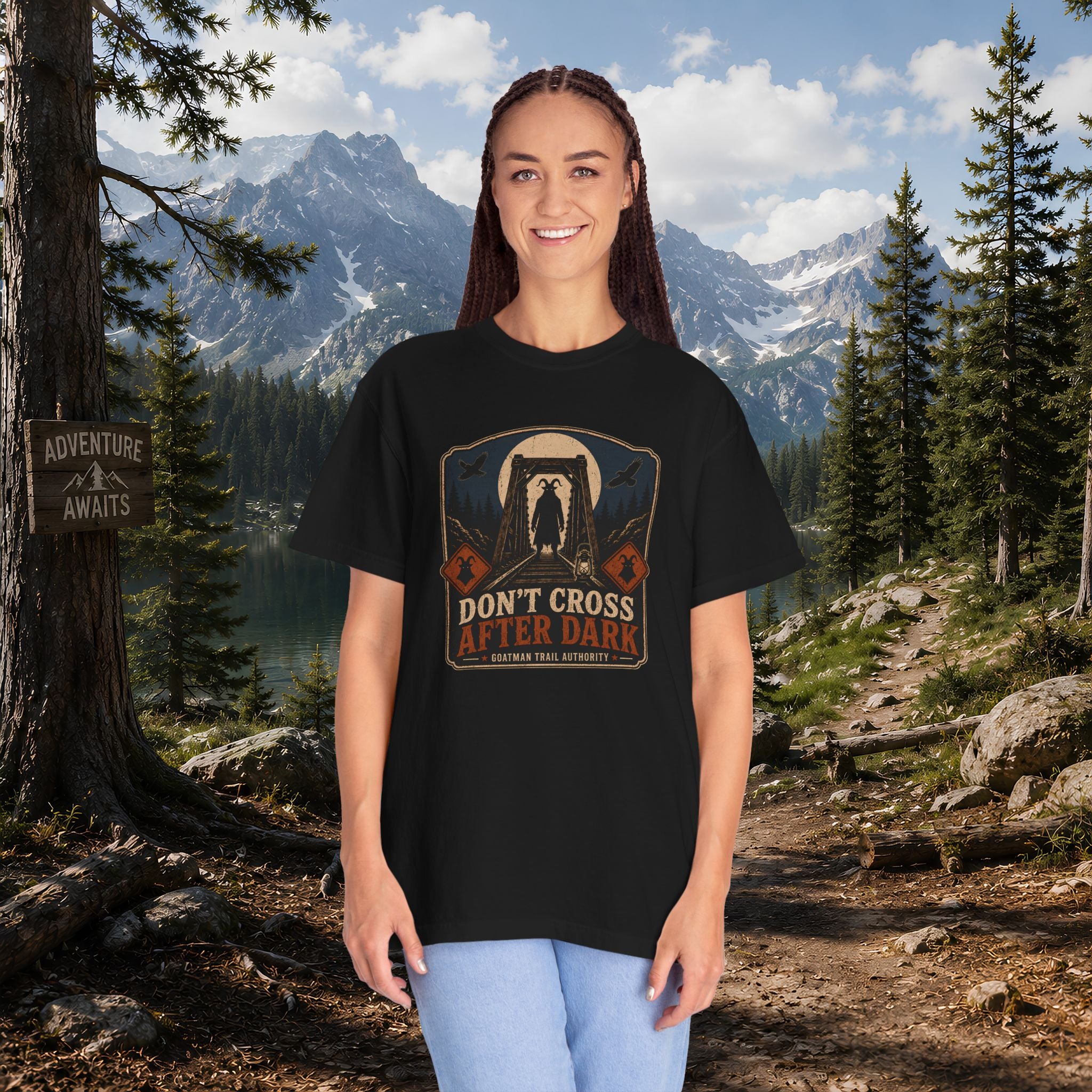 Goatman Adventure Tee — "Don’t Cross After Dark" Cryptid Graphic T-Shirt